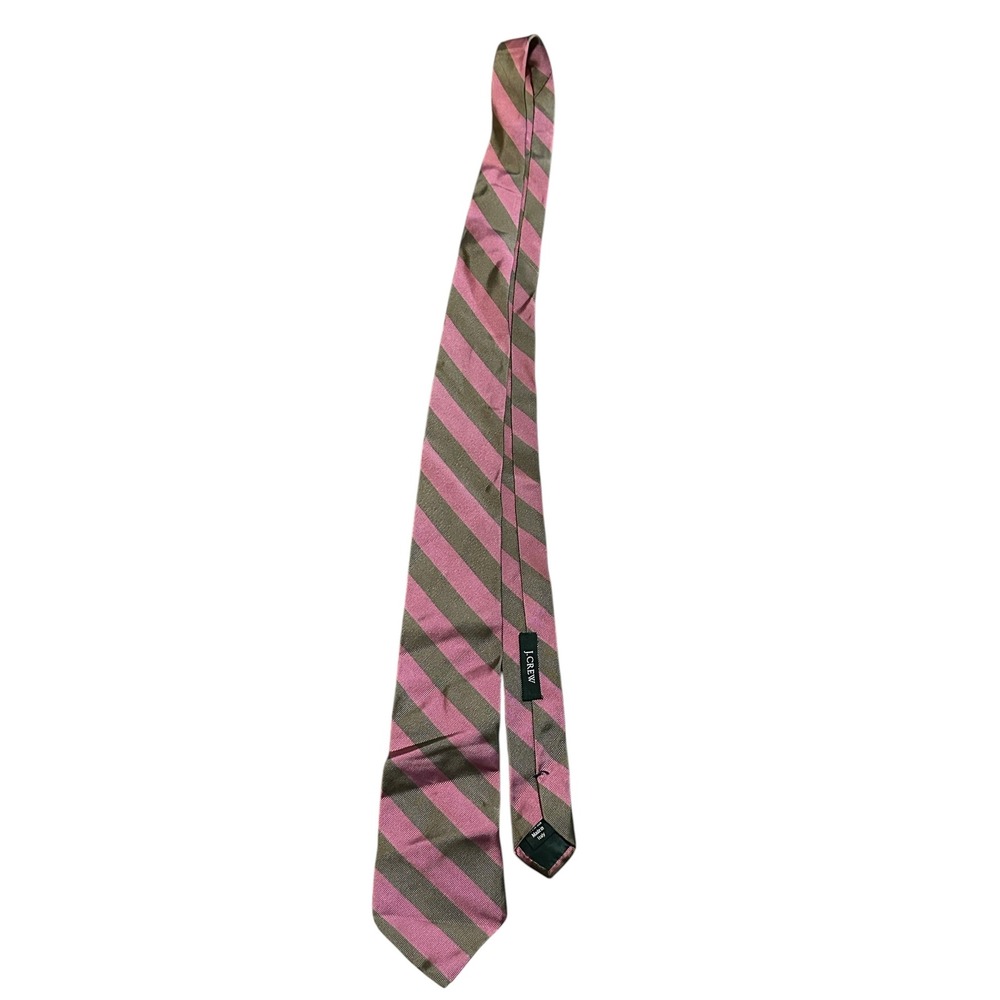 J.Crew Mens Silk Tie Pink Olive Green Repp Stripe Made in Italy Necktie